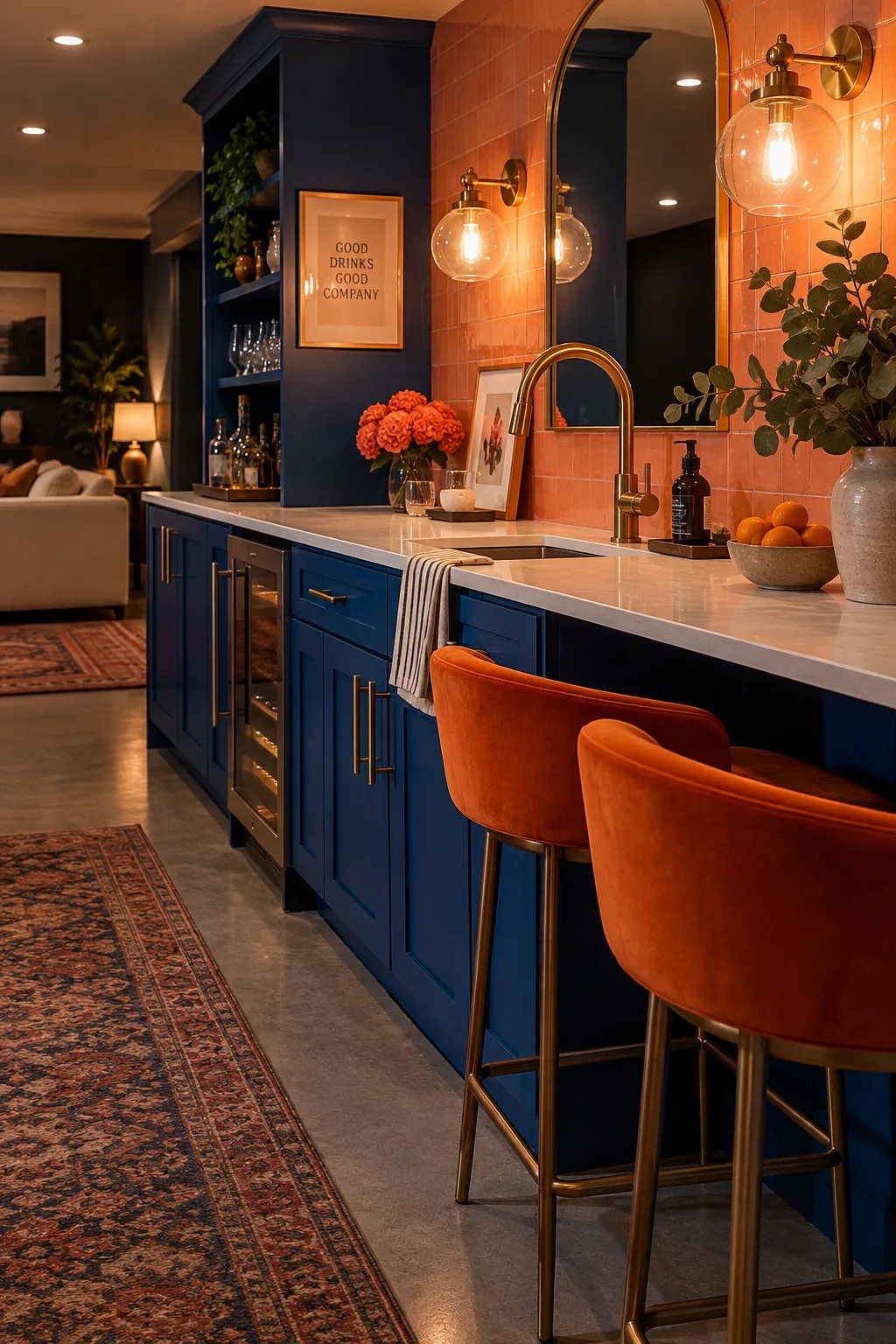 Two brass wall sconces mounted on the wall flanking a kitchenette sink area