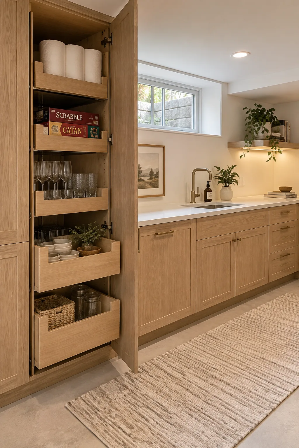 A tall floor-to-ceiling pantry cabinet at the end of a kitchenette counter run