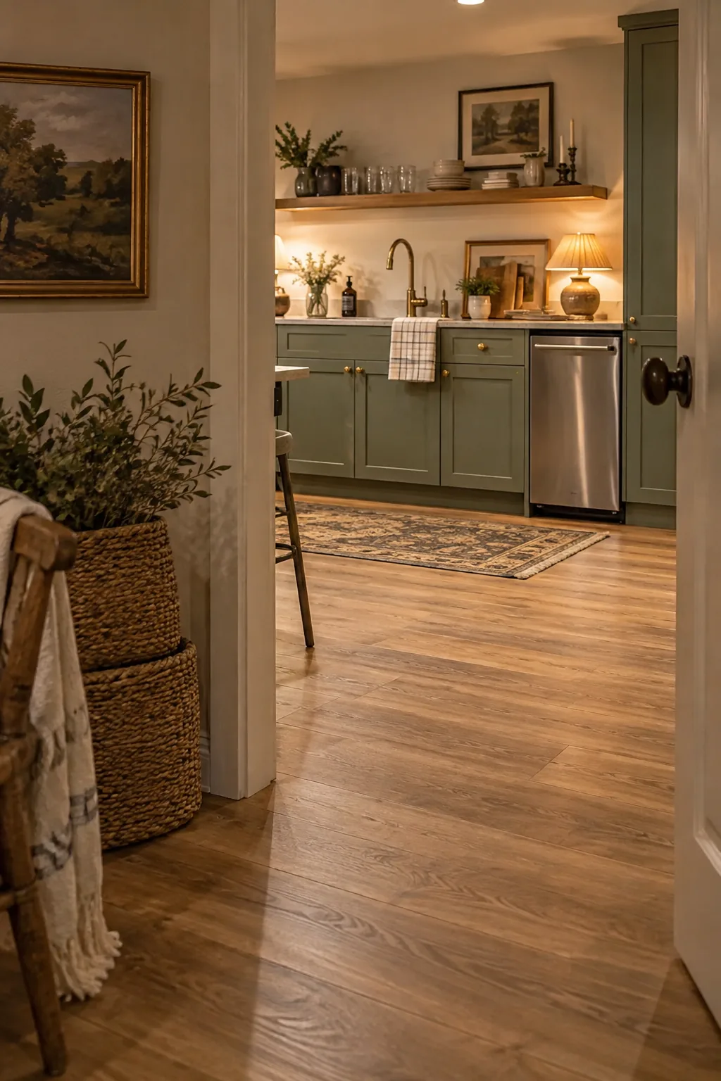 Light oak luxury vinyl plank flooring installed in a basement kitchenette space