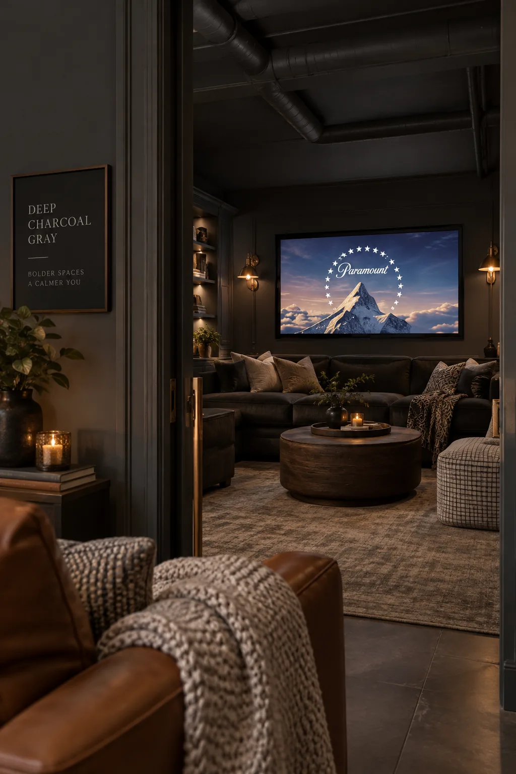 A cozy basement media room painted entirely in deep charcoal gray, including the ceiling