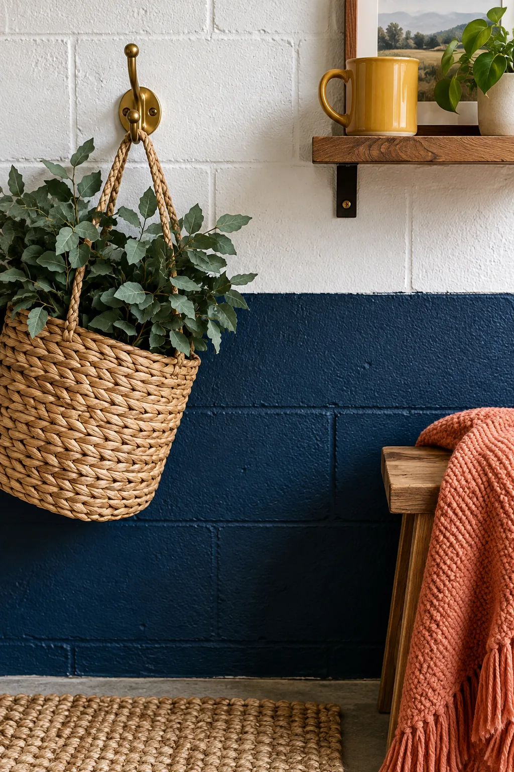 A basement wall with rich navy blue on the bottom half and crisp white on the top