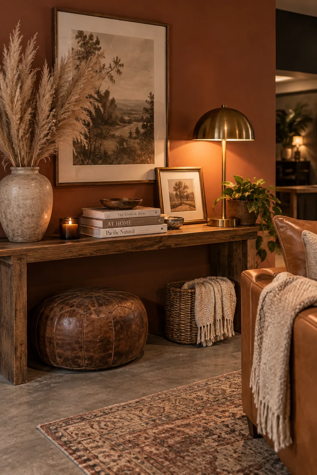 A warm basement den painted in muted terracotta with a leather sofa and brass lamps