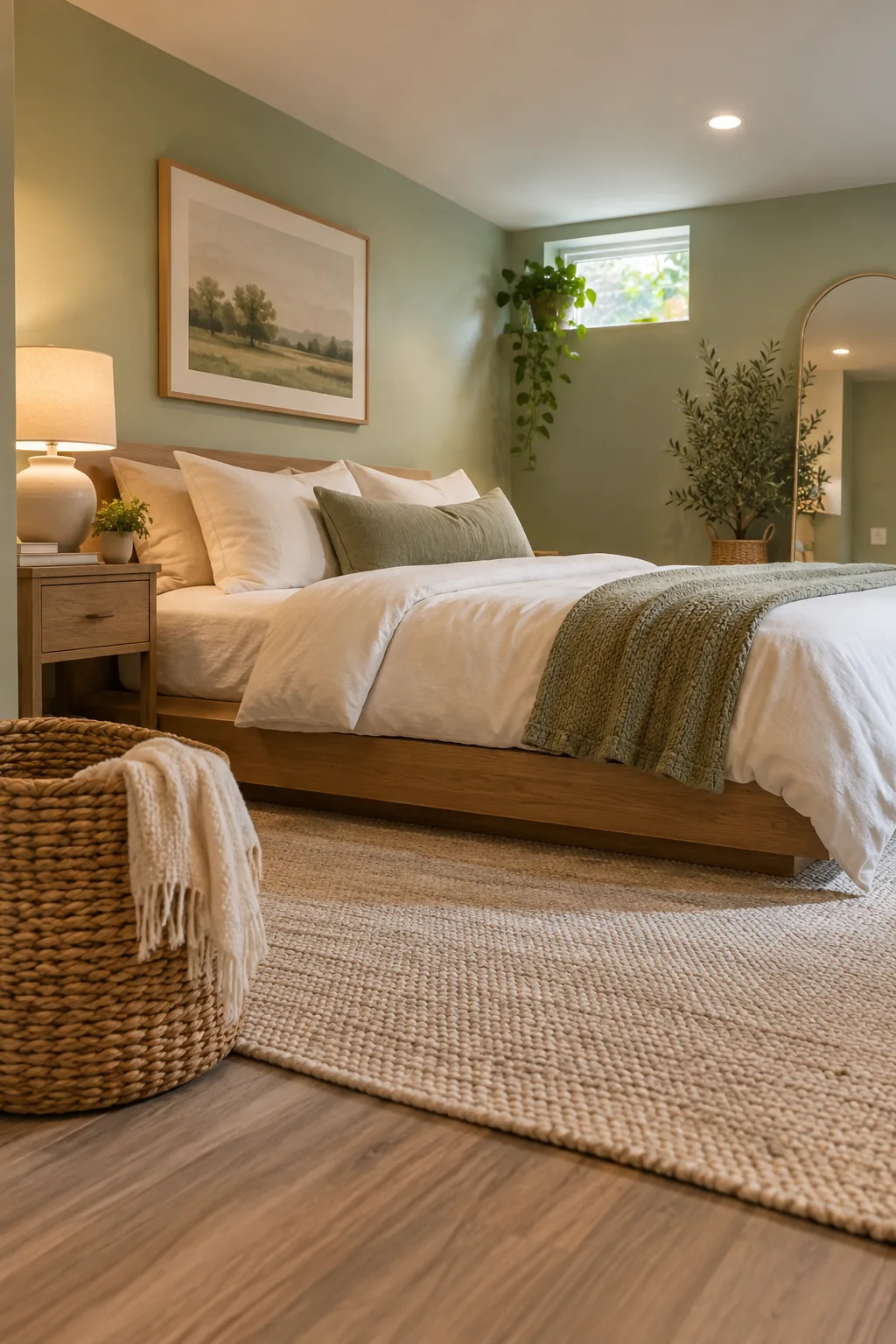 A basement home office painted in soft sage green with wood accents