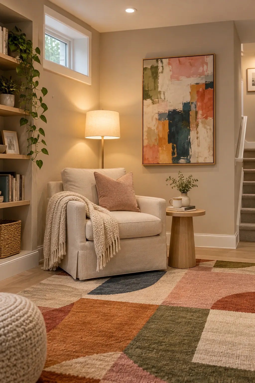 A bright, modern basement painted in pale greige featuring colorful artwork on the walls