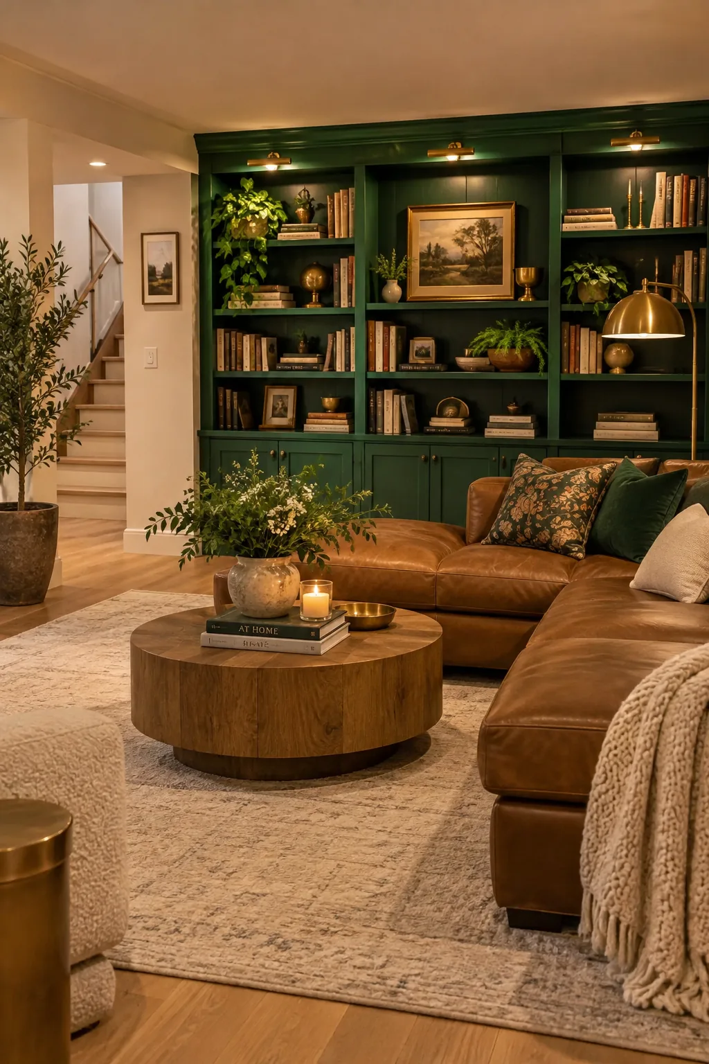 Basement built-in bookshelves painted in a bold emerald green with brass hardware