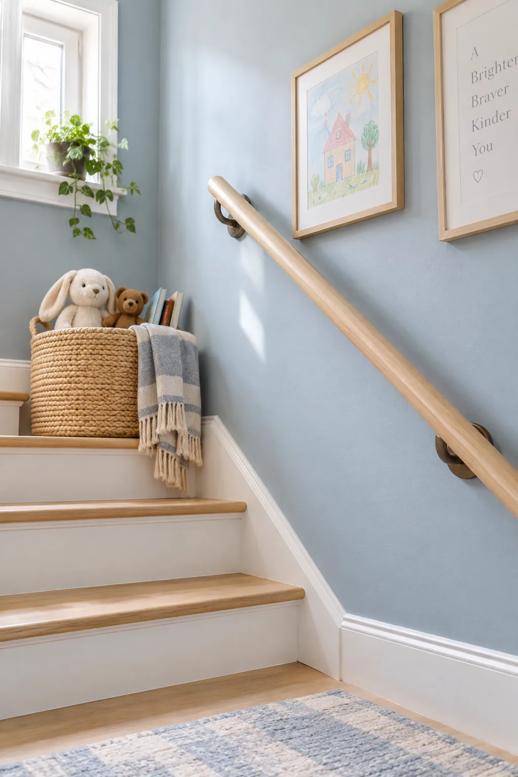 A bright basement playroom painted in dusty blue with colorful toys and white trim