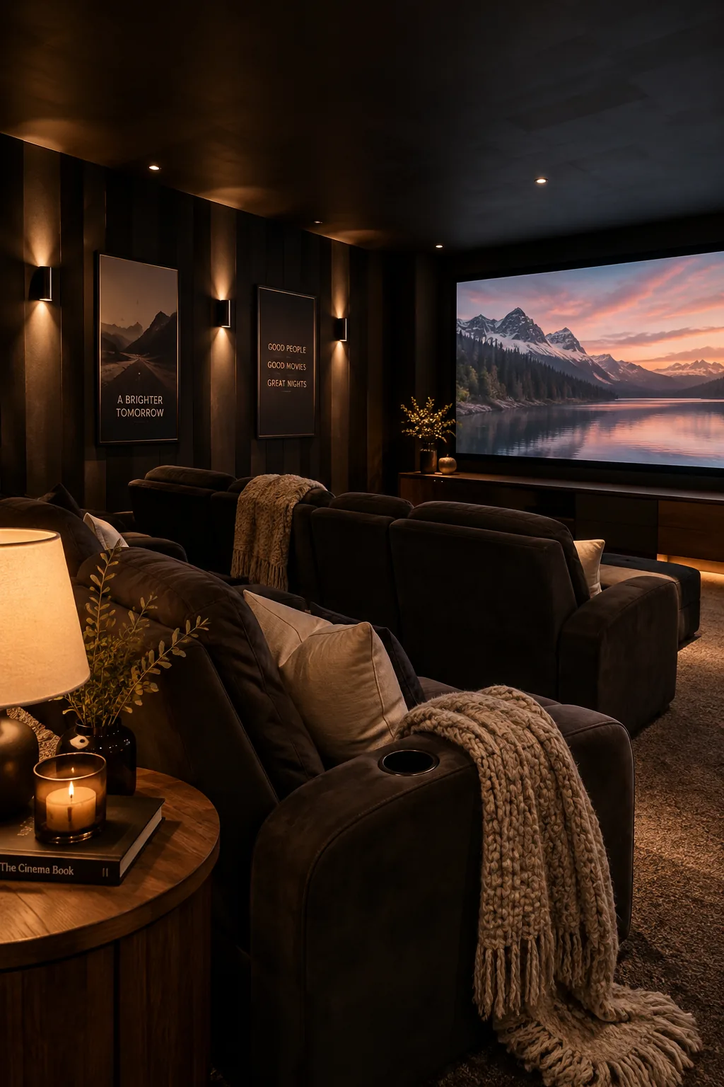 A basement home theater with matte black walls and a large projection screen