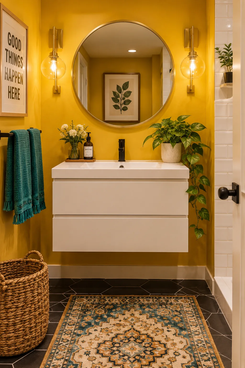 A tiny basement bathroom painted in mustard yellow with white subway tile