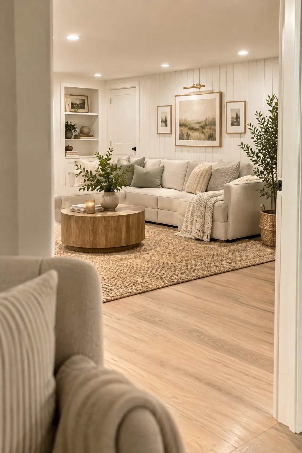 Old basement wood paneling painted in a crisp bright white
