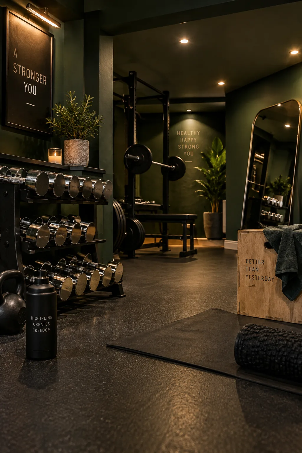 A home gym in a basement with deep forest green walls and black rubber flooring