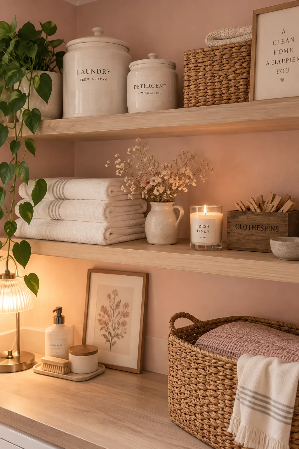 A basement laundry room painted in soft blush pink with white cabinets