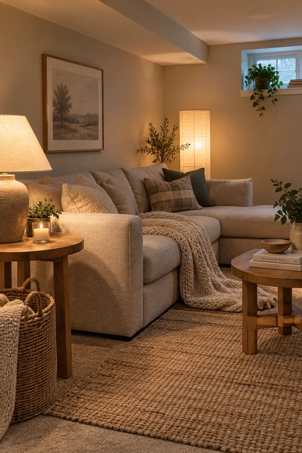 A cozy basement family room painted in warm oatmeal tan with soft lighting
