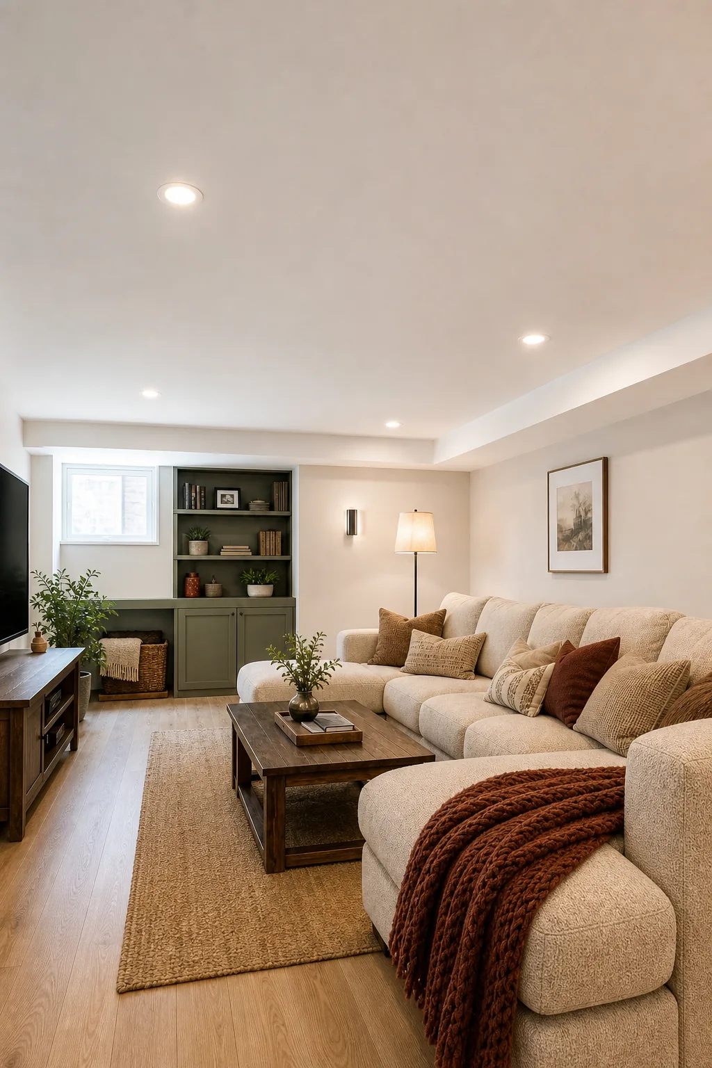 Low angle view of a smooth, freshly painted white basement ceiling with recessed lighting.