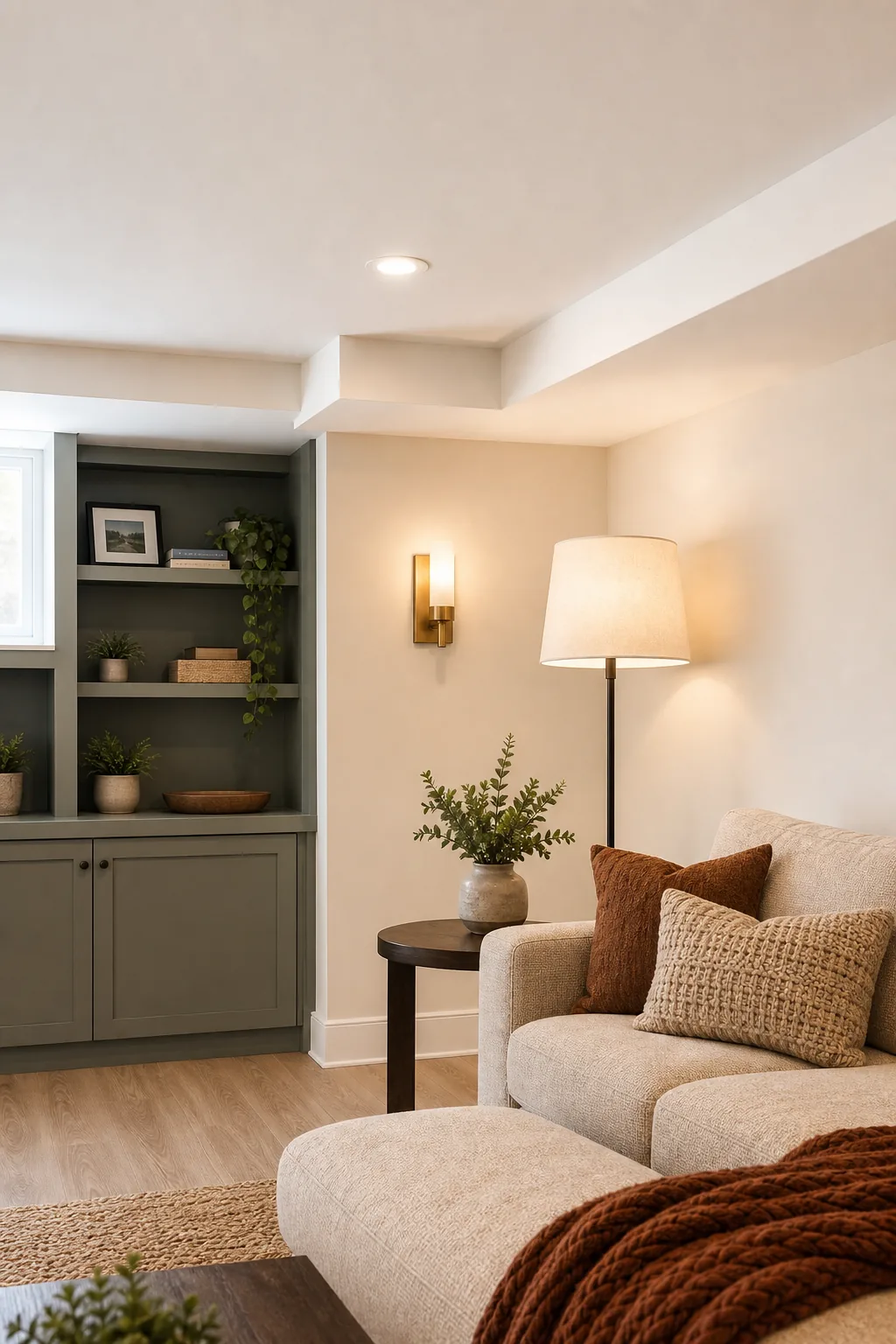 Corner view of a clean, painted drywall bulkhead concealing ductwork near a basement ceiling.