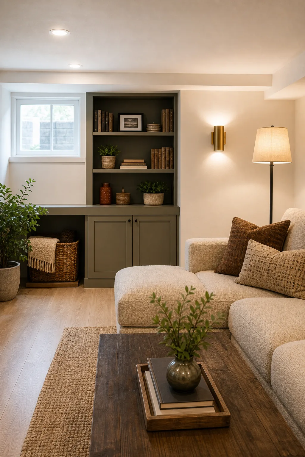 Eye-level view of a warm wall sconce and floor lamp illuminating a basement corner.