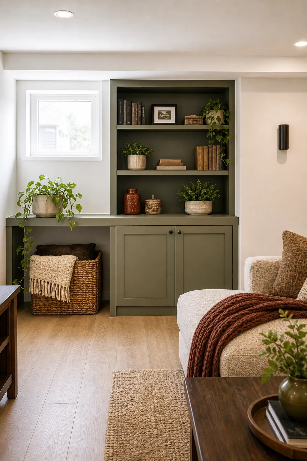 Straight-on view of sage green built-in cabinets and shelves under a small basement window.