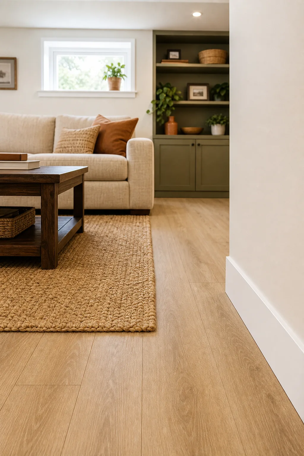 Close-up of light oak luxury vinyl plank flooring meeting a woven jute rug.