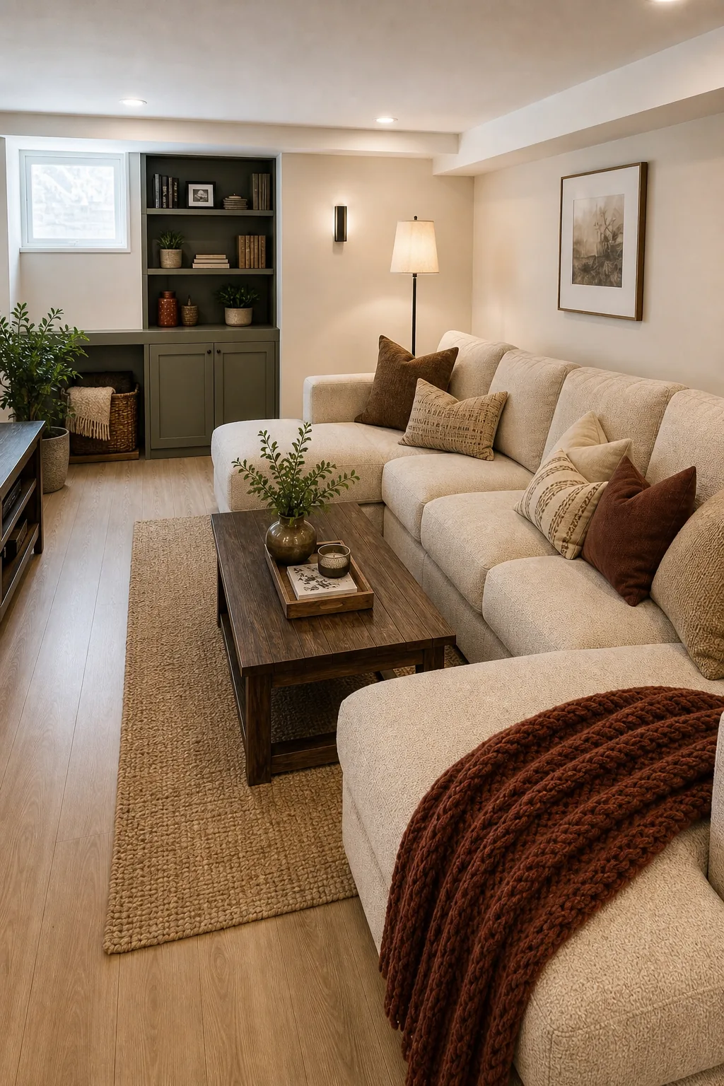 Elevated view of a beige textured sectional sofa styled with rust and brown throw pillows.