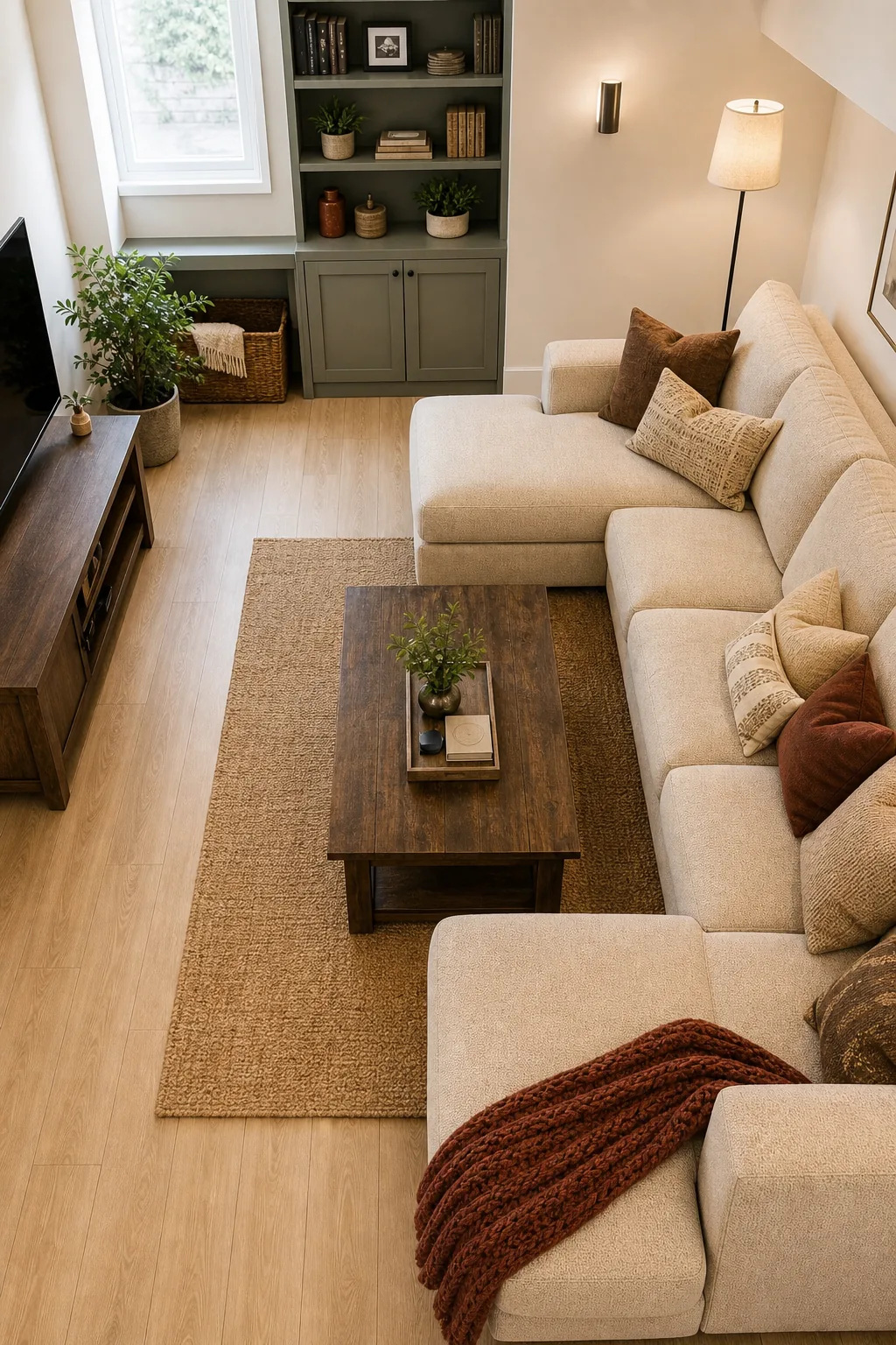 Overhead view of a wood coffee table spaced perfectly from a beige sectional sofa.