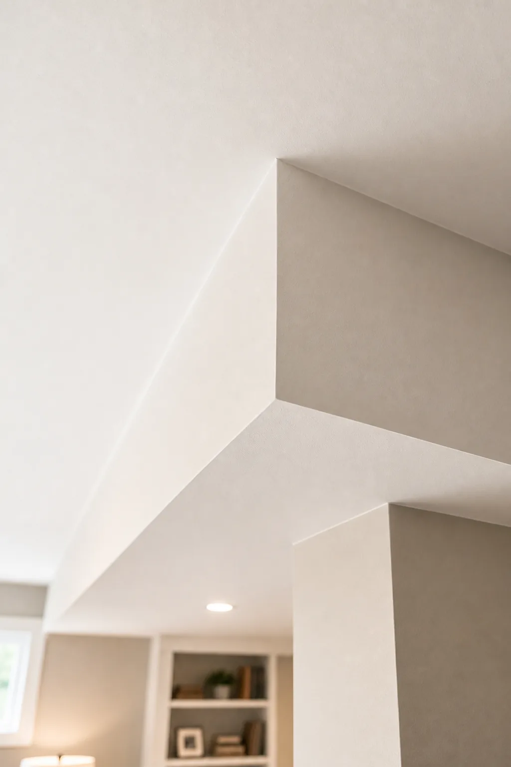 White painted drywall bulkhead extending down from a flat basement ceiling.