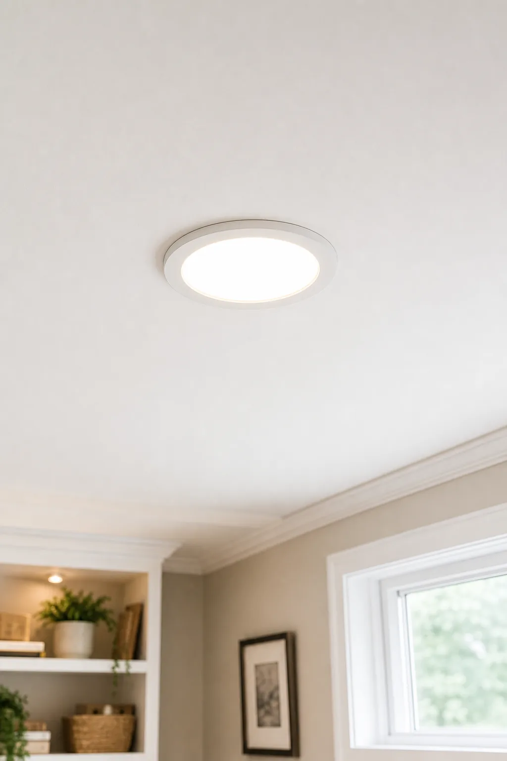 Thin LED wafer light glowing flush against a white ceiling.