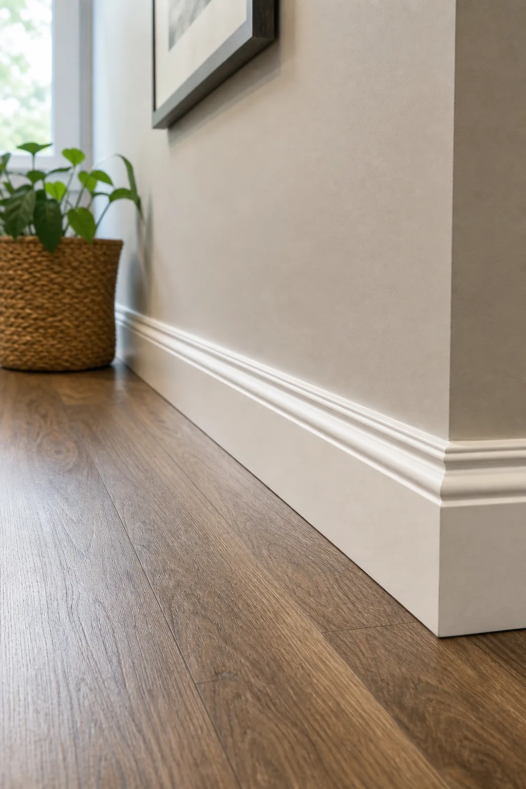 White baseboard trim meeting wood-look vinyl flooring along a painted wall.