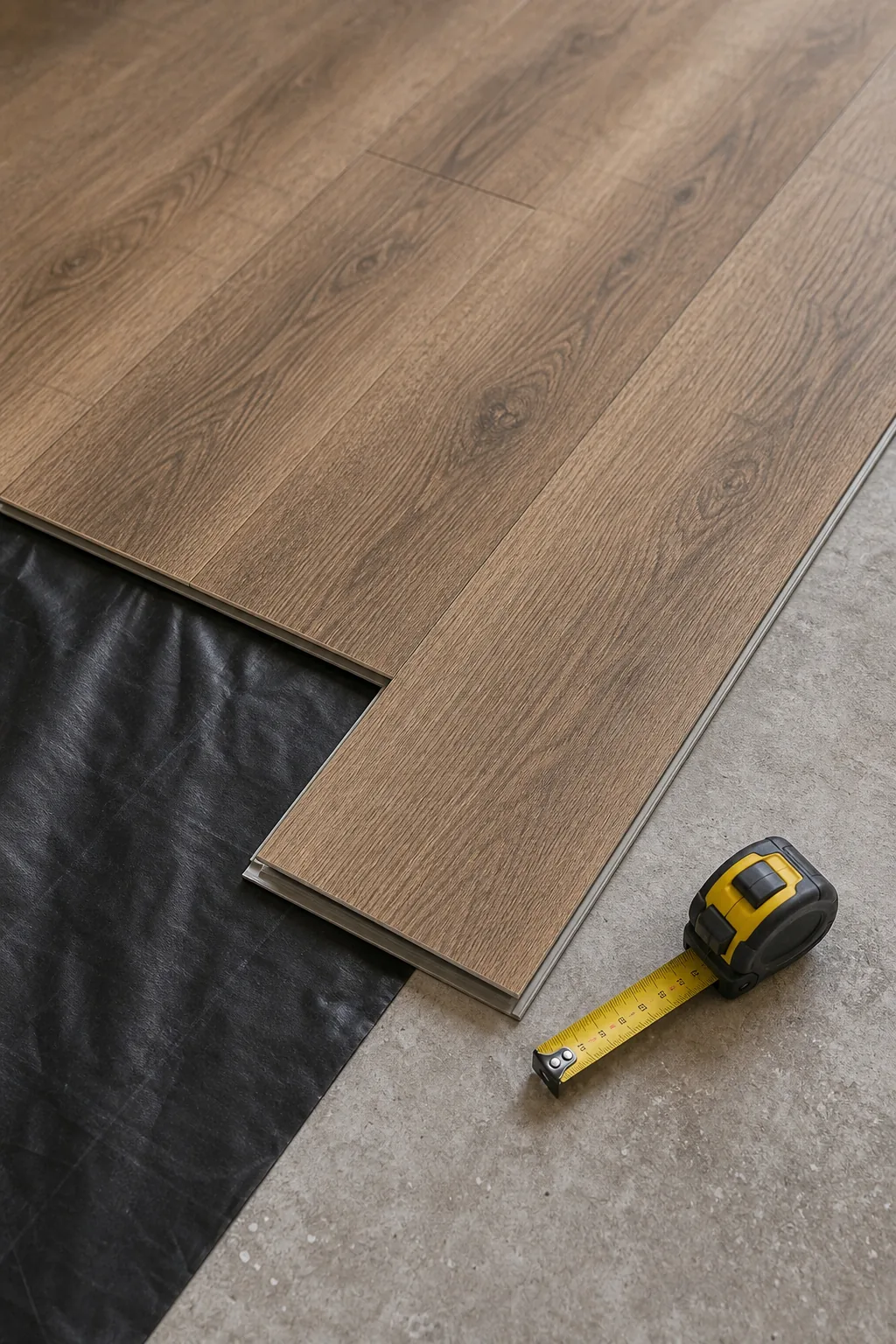 Luxury vinyl planks with an attached pad sitting on a concrete floor.