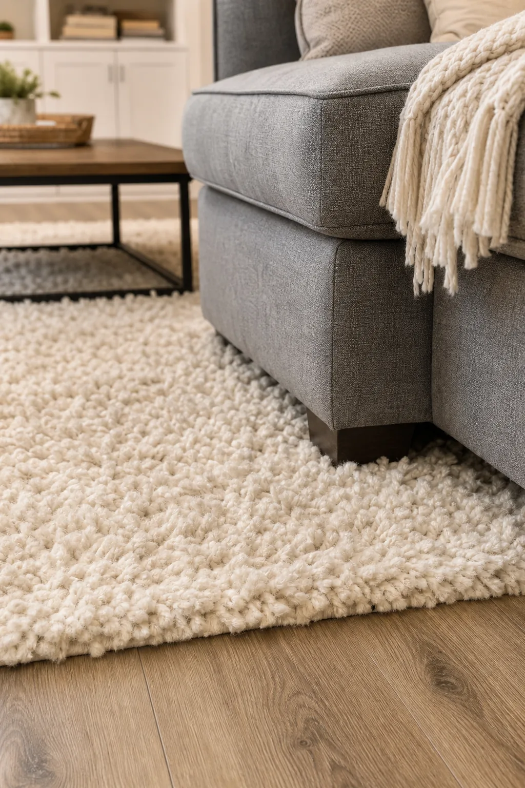 Thick cream shag rug positioned under a grey sofa leg.