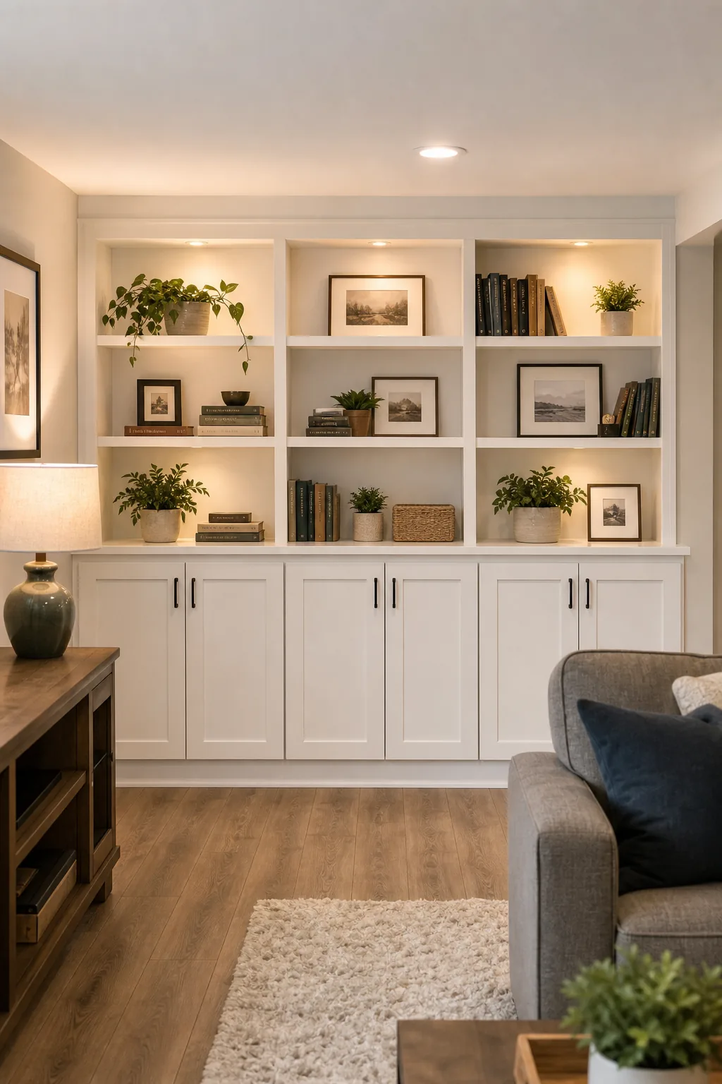 White built-in cabinetry and open shelving styled with decor.