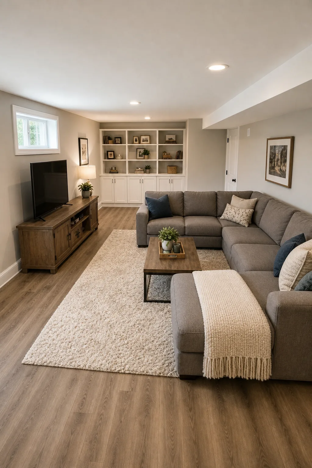 Low-profile grey sectional sofa in a finished basement room.