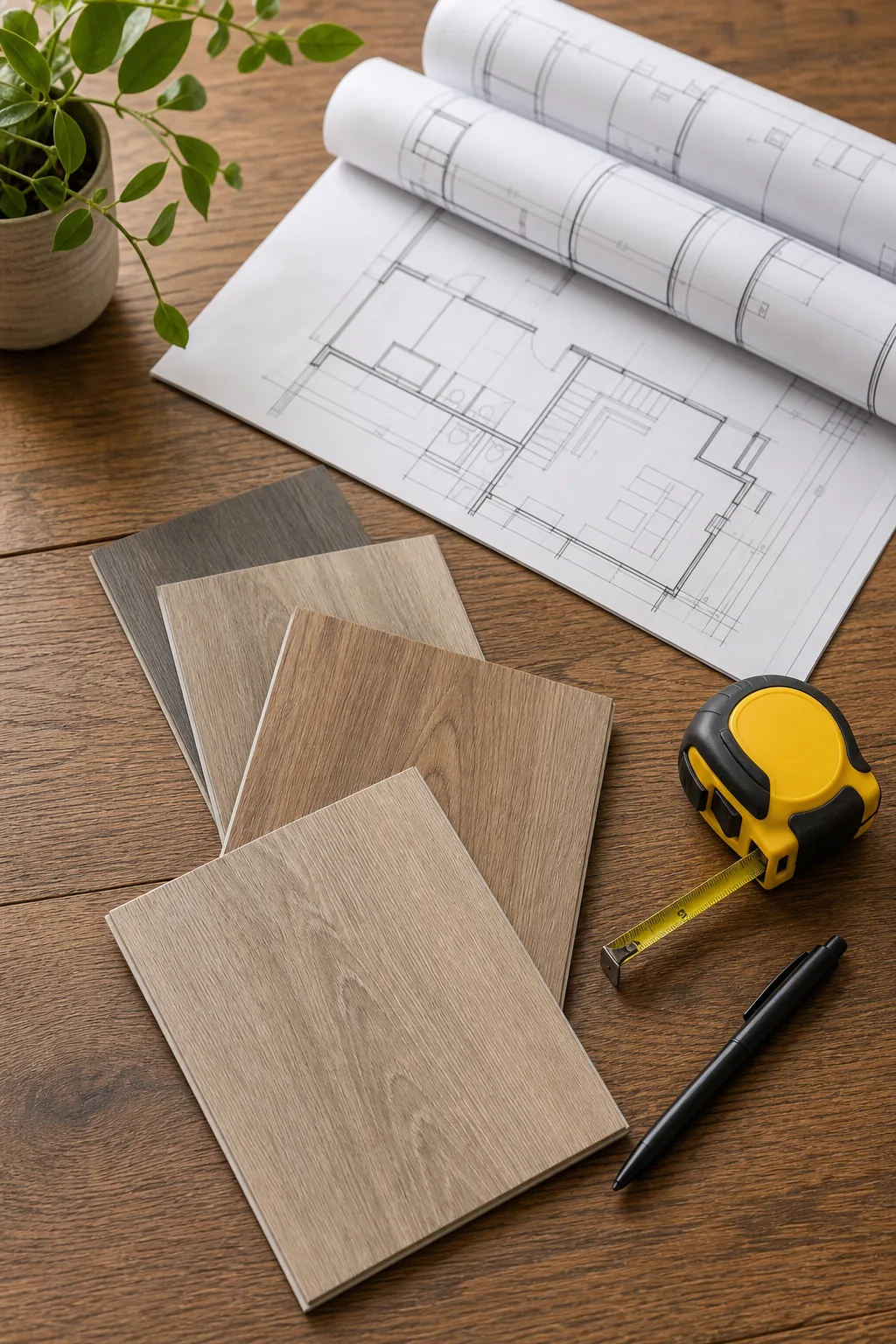 Architectural blueprints, tape measure, and flooring samples arranged on a desk.