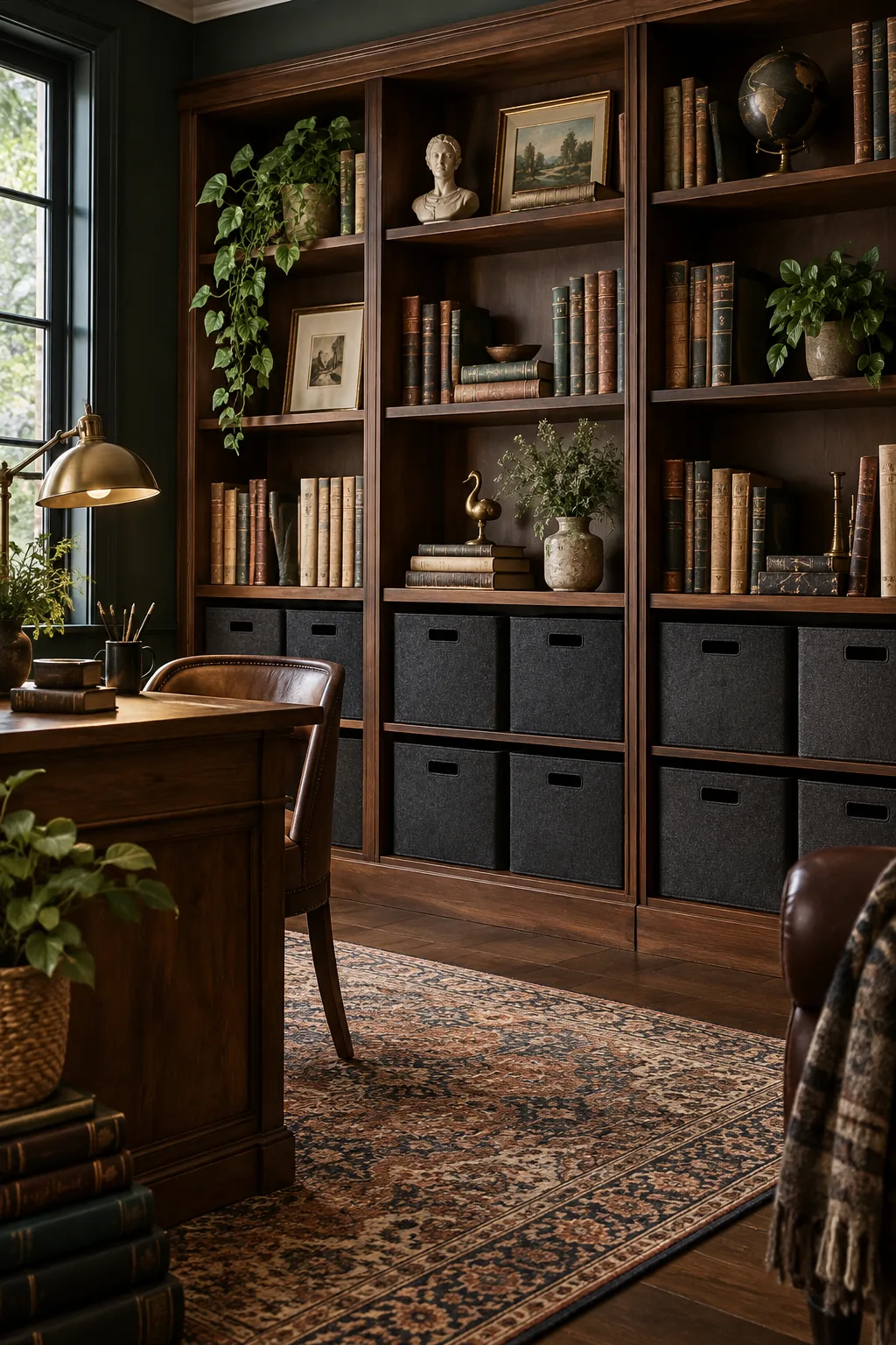 Walnut bookcases in a dark office filled with flush charcoal felt baskets.