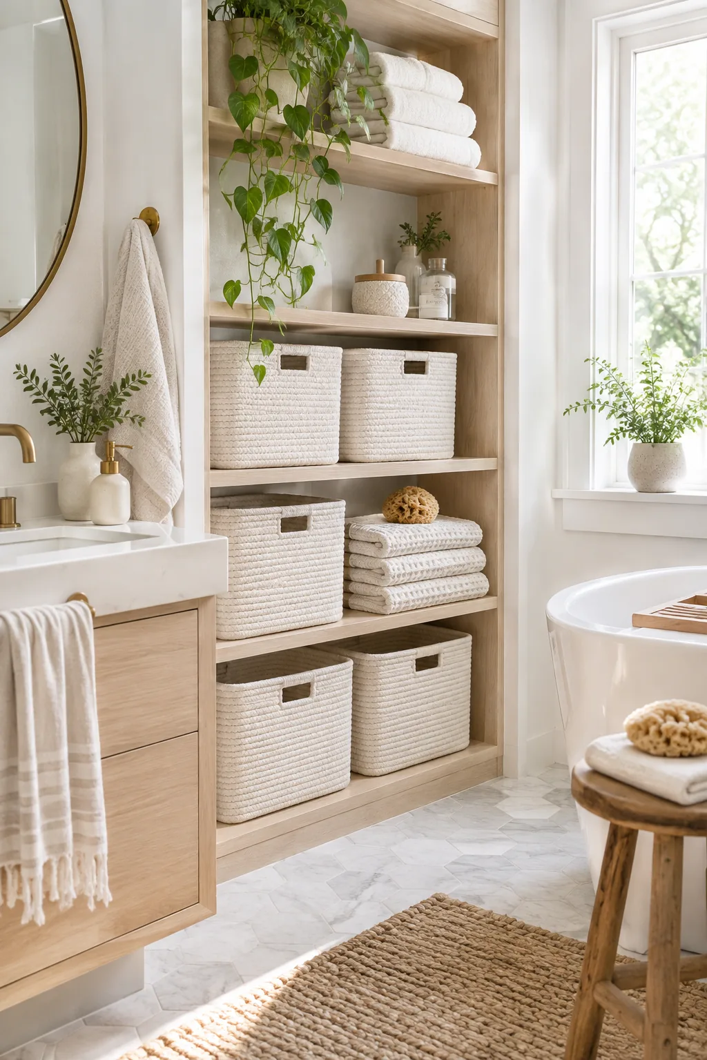 Light ash wood bathroom shelves filled with flush white cotton rope baskets.
