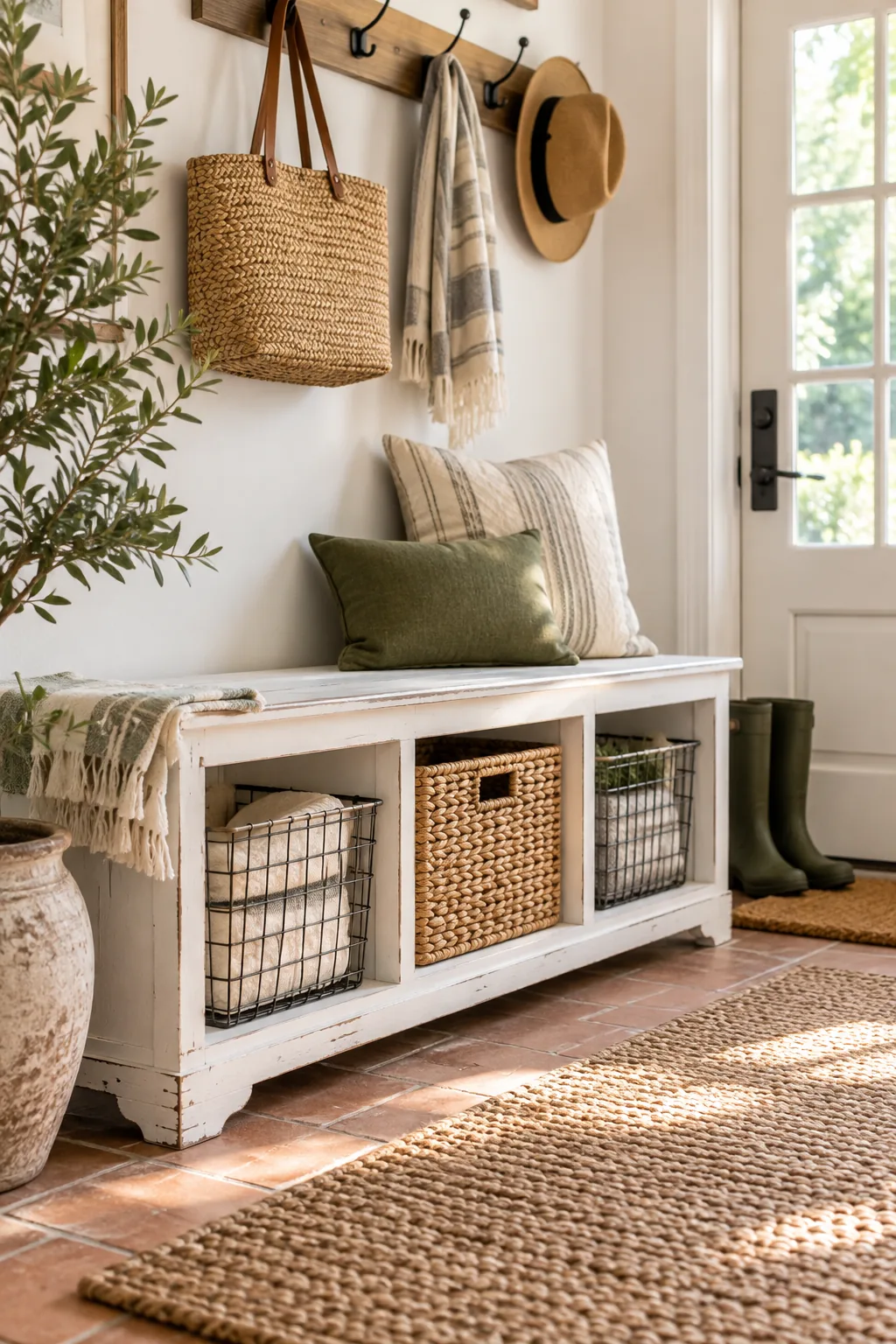 A distressed white entryway bench with wire and water hyacinth baskets fitting perfectly in the cubbies below.