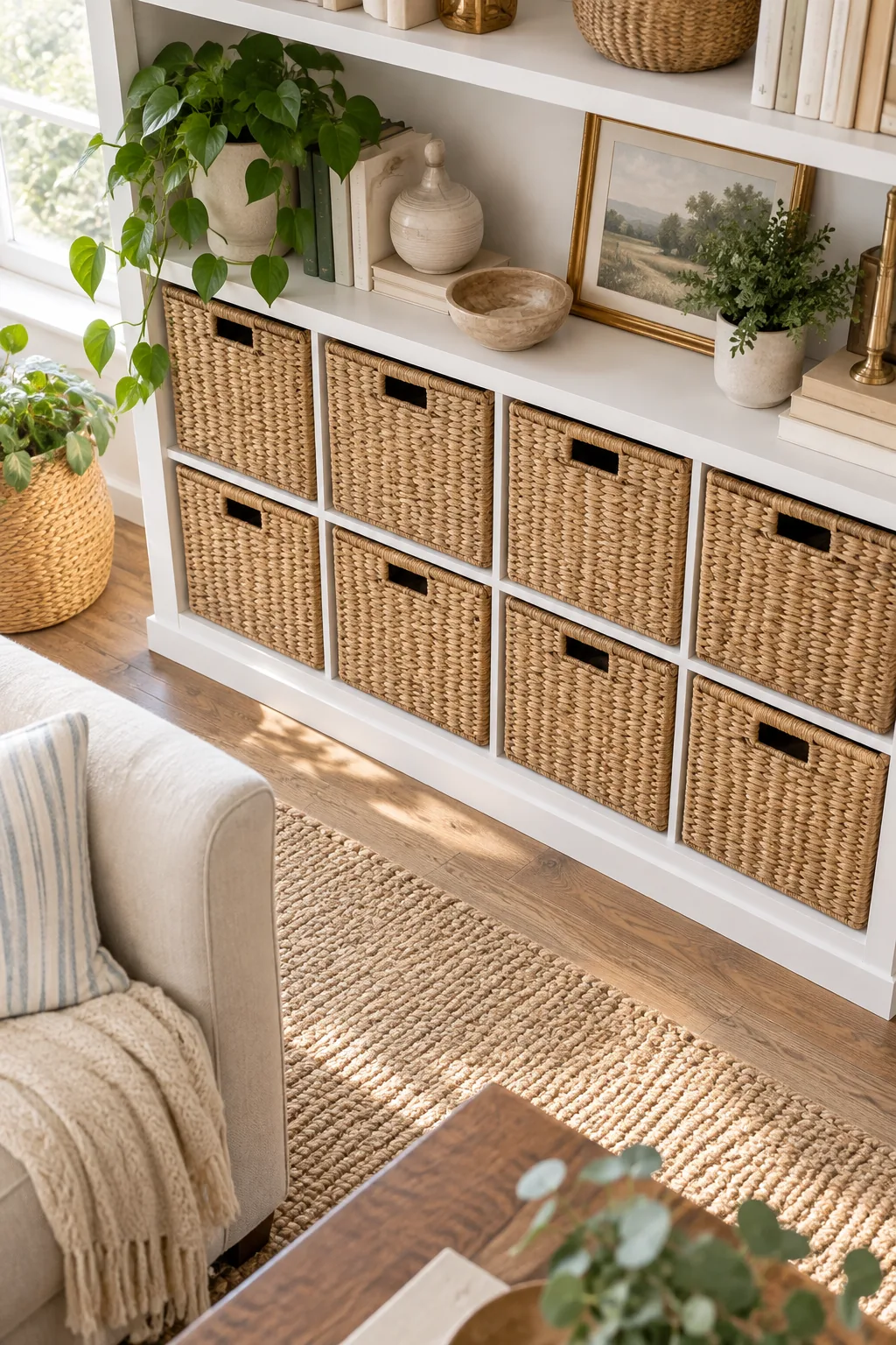 Lower half of a white bookcase filled with a neat grid of matching rectangular seagrass baskets.