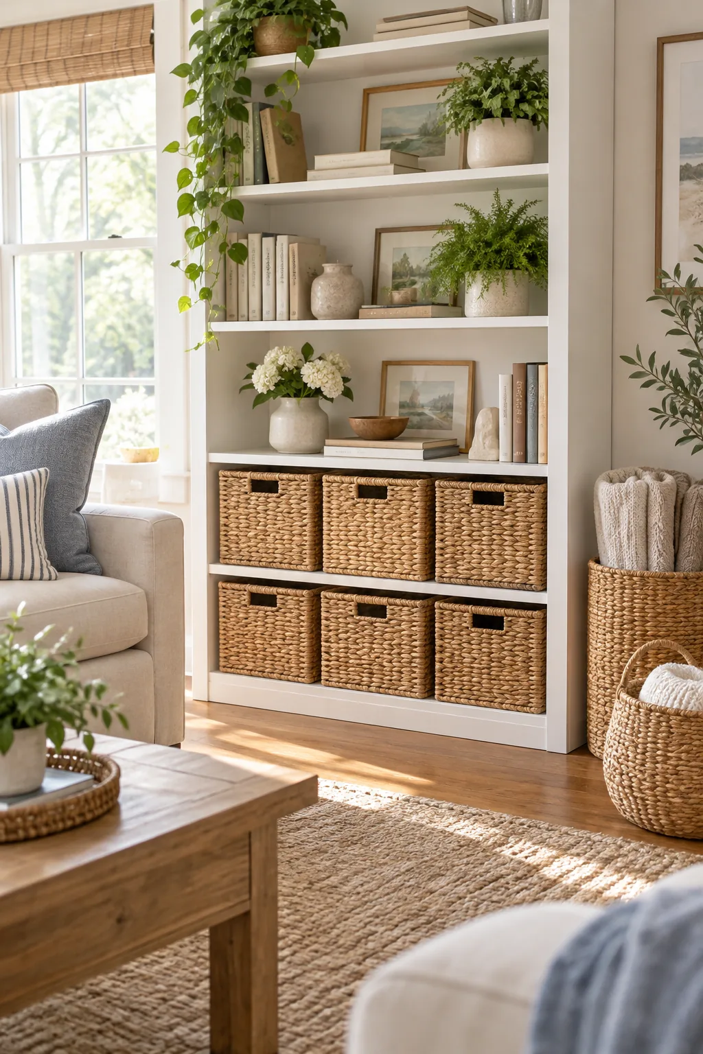 Side profile of a seagrass basket sitting perfectly flush with the front edge of a white shelf.