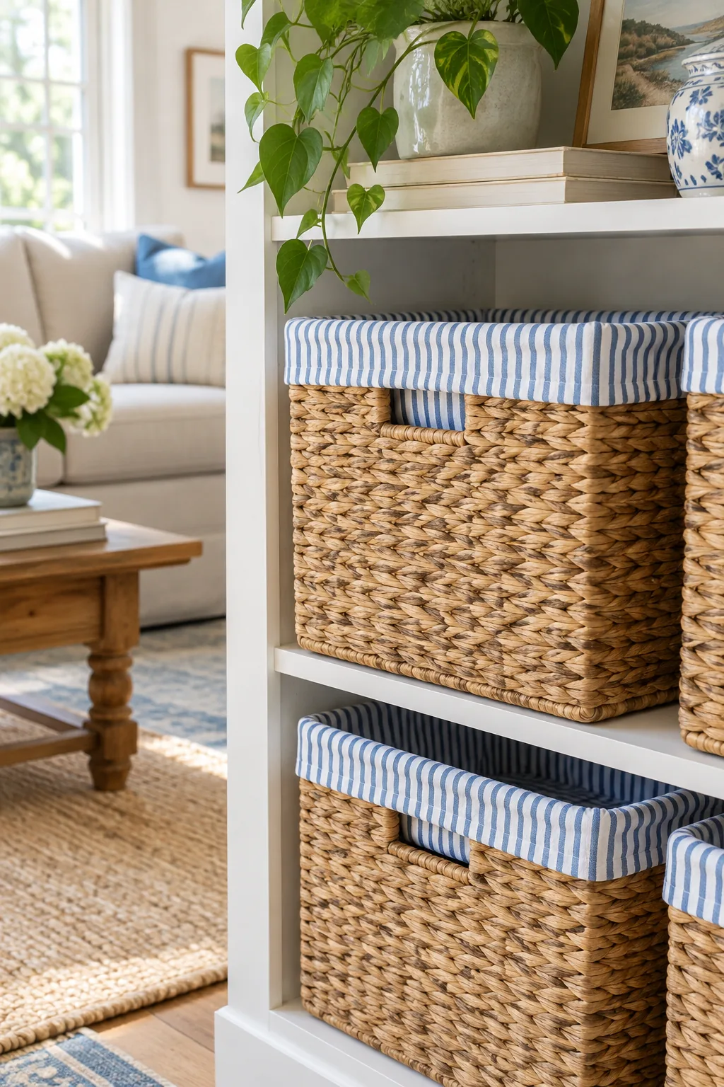 A rectangular seagrass basket on a white shelf with a striped cotton pillowcase folded over its rim.