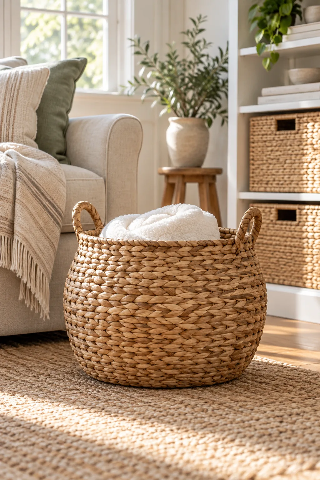 A tall woven floor basket next to a beige sofa, filled with neutral linen throws rolled and standing upright.