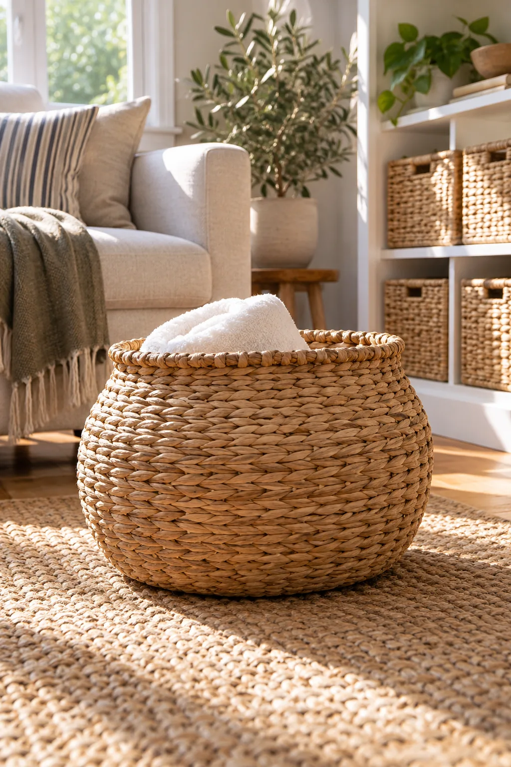 A perfectly round woven basket sitting on a jute rug with a white towel rolled inside.