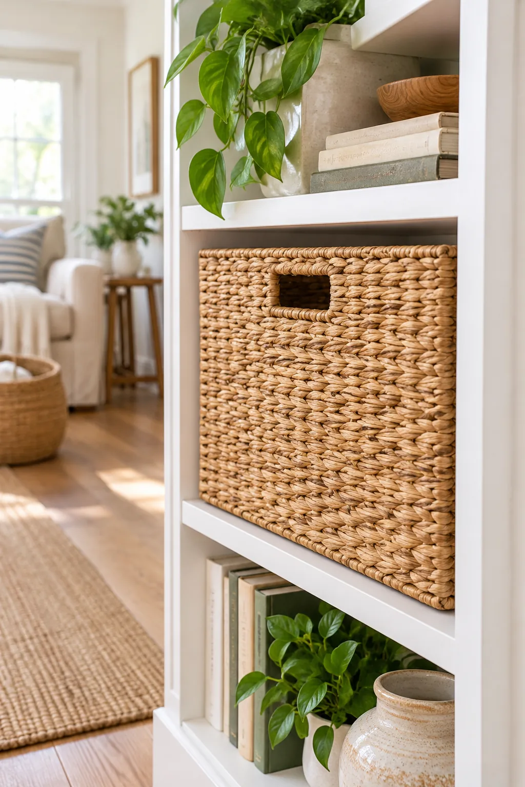 A single seagrass basket sitting inside a white shelf cubby with a precise half-inch gap on all sides.