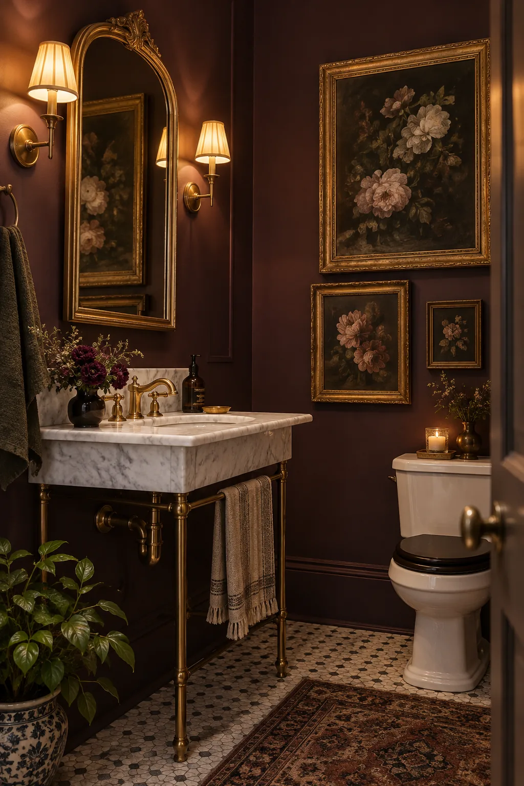 A moody powder room with dark plum walls and ornate gold framed floral art.