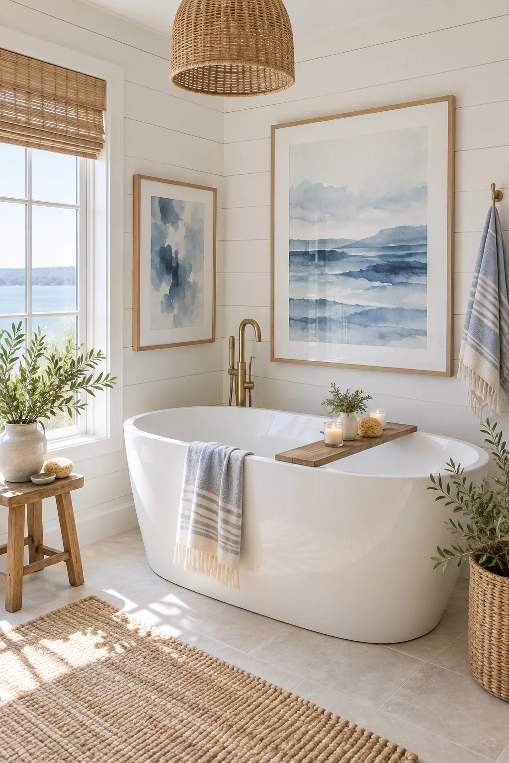 A coastal bathroom with white shiplap walls and pale oak frames holding blue abstract art.