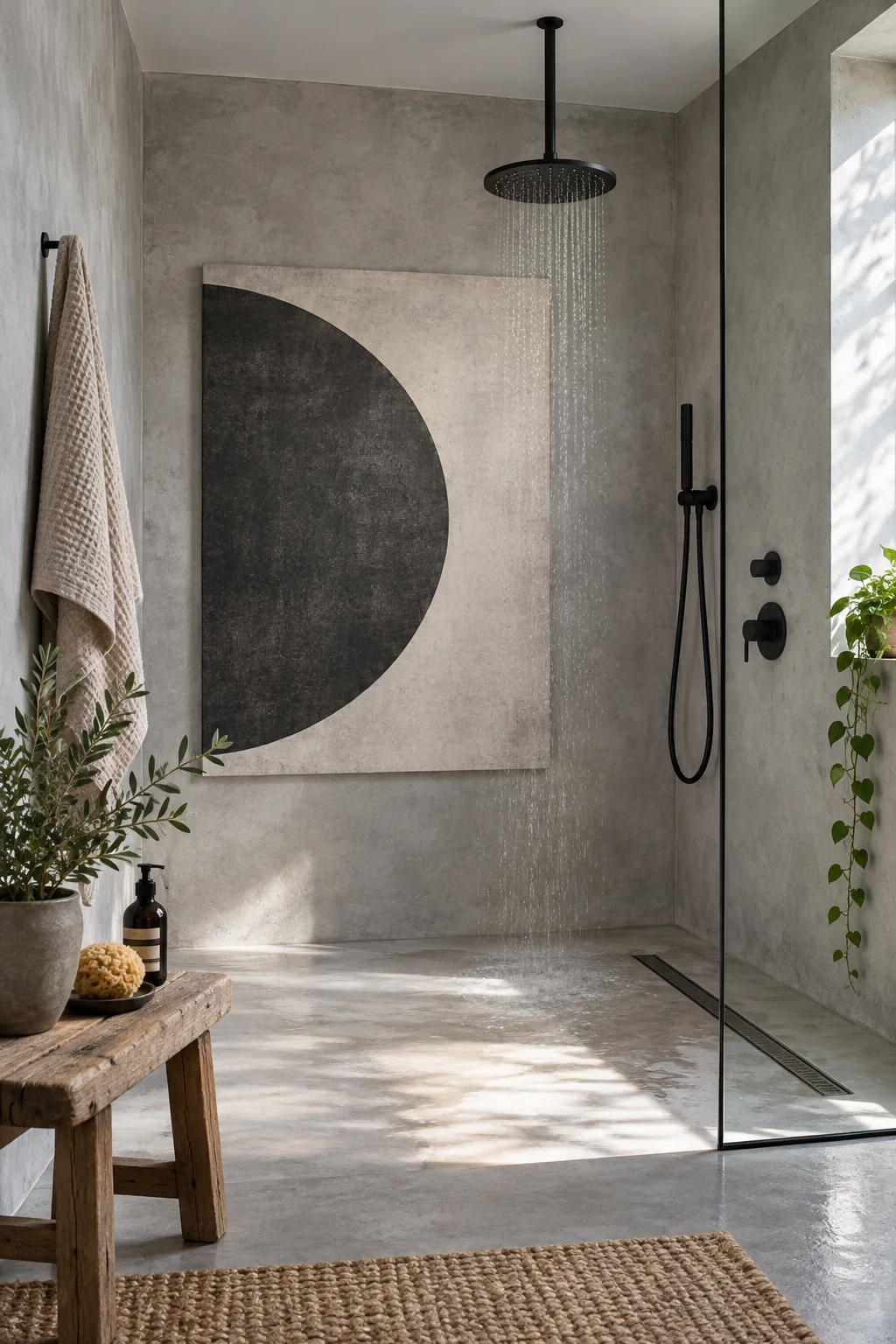 A minimalist concrete wet room featuring a large unframed geometric waterproof canvas.
