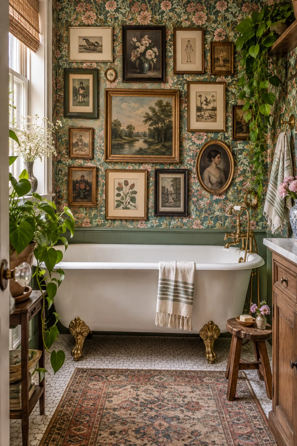 A vintage bathroom with a clawfoot tub and a dense gallery wall of mismatched art.