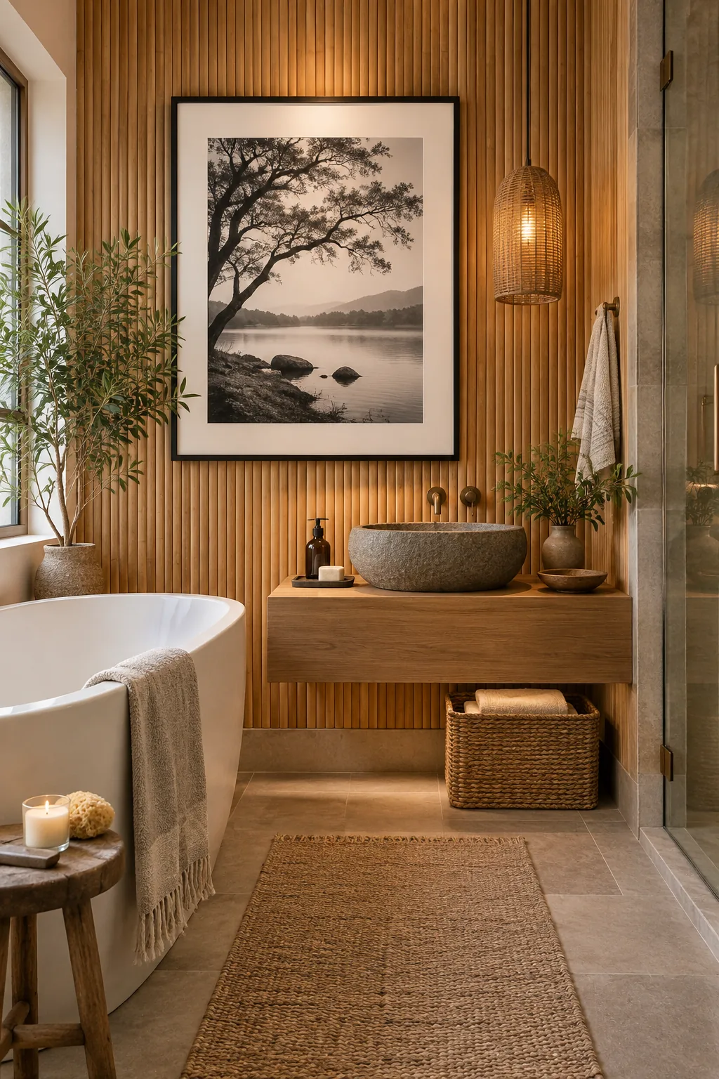 A spa-like bathroom with bamboo accents and a large black-and-white nature photograph.