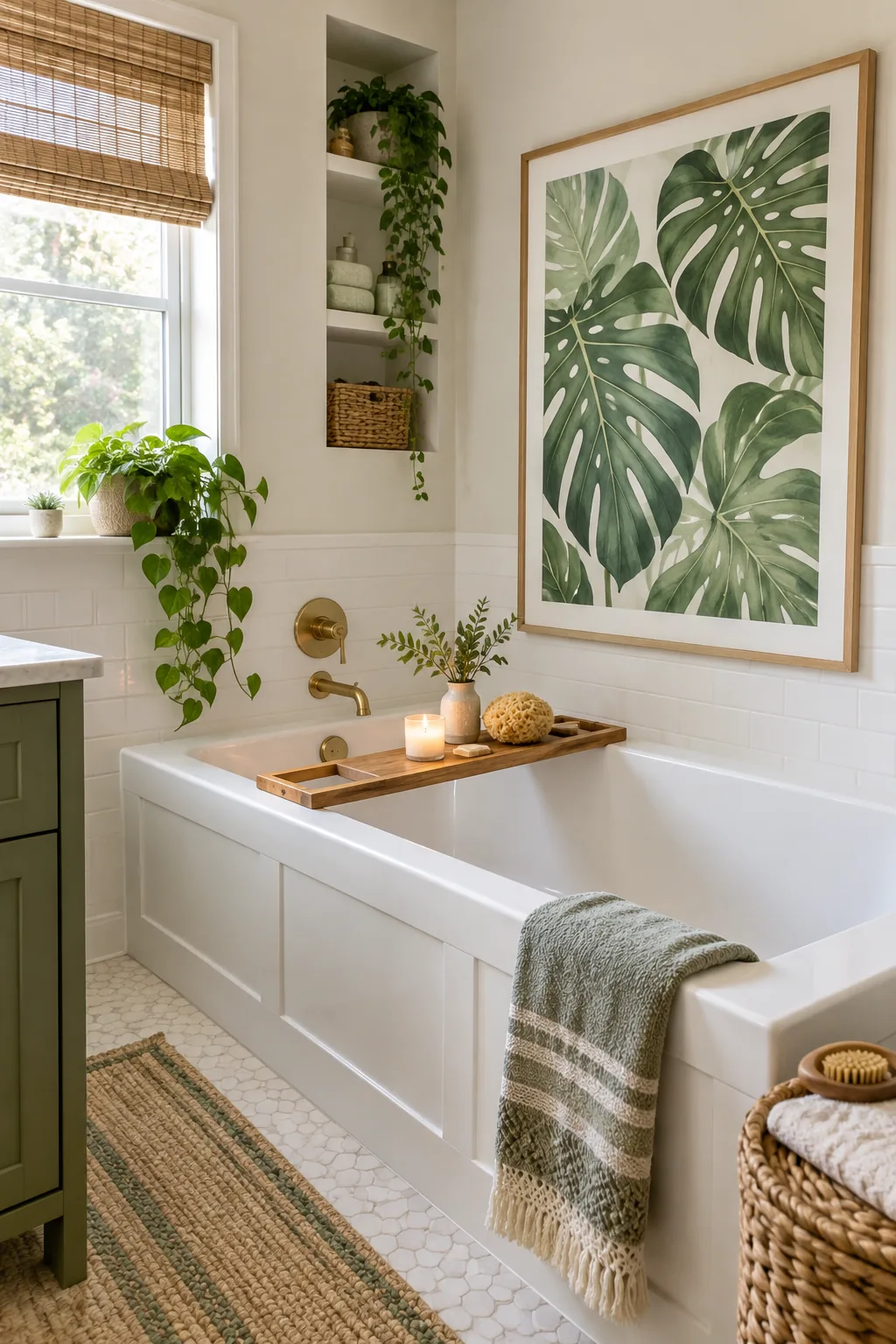 A large framed botanical print hung low on the wall next to a white bathtub with a wooden bath tray.