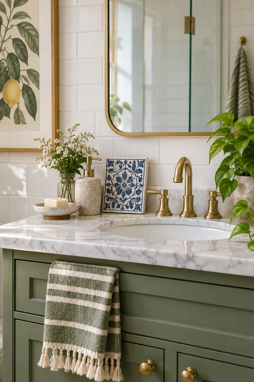 A framed print of lemons hung on the wall above a white toilet tank, leaving a clear gap.