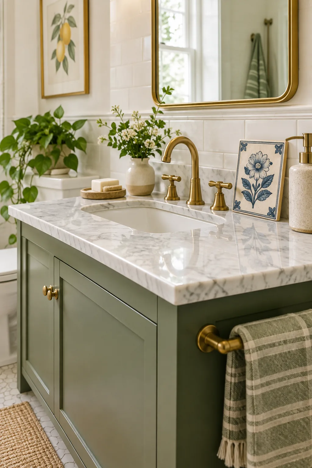 A small blue and white patterned ceramic tile propped on a marble bathroom vanity next to a brass faucet.