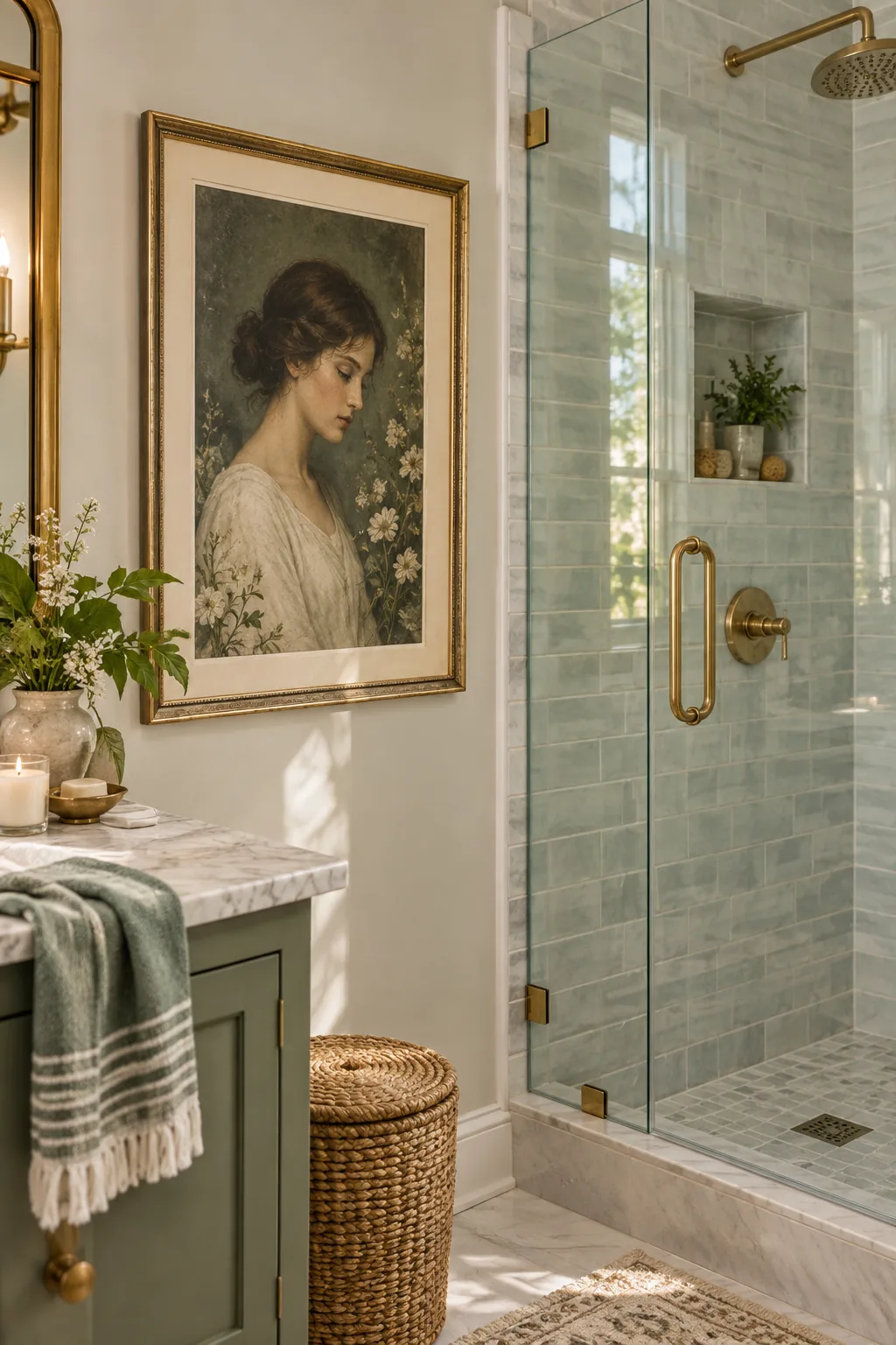 A gold-framed print reflecting soft natural light in a bright bathroom setting.