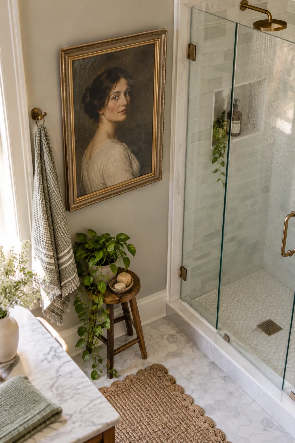 A framed vintage portrait hanging on the wall directly beside a glass shower enclosure.